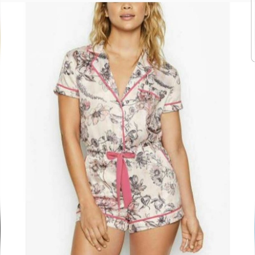 Floral White and Pink Striped Satin Romper